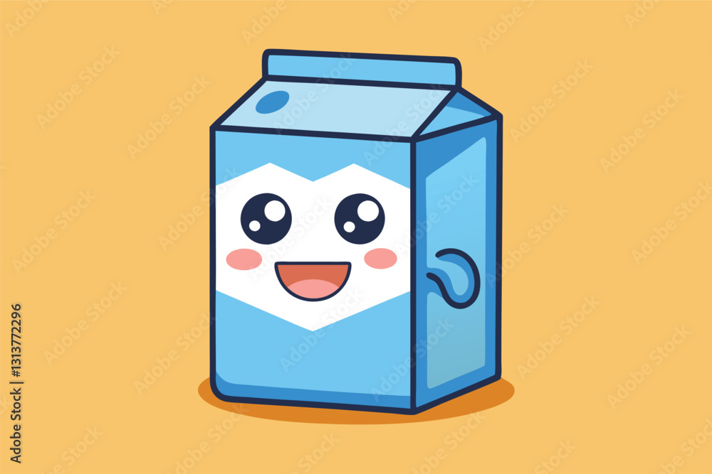 Cute smiling milk carton character with blue design on a bright yellow background, showcasing a happy and playful personality Cute smiling milk carton character with blue design on a bright yellow background, showcasing a happy and playful personality