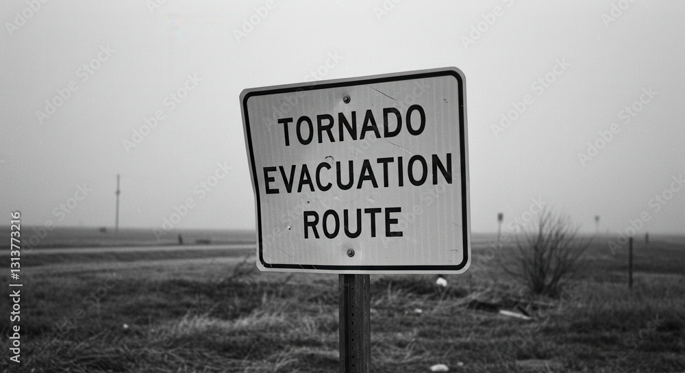 Obraz premium Tornado Evacuation Route Sign in Rural Landscape During Overcast Weather