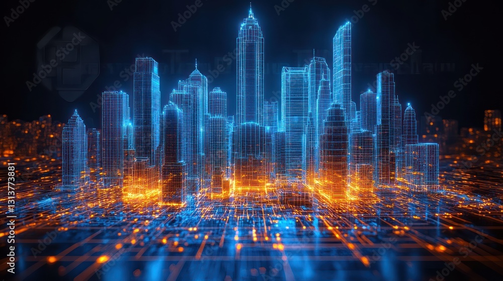 Futuristic city glowing digital cityscape, circuit board background, technology concept Futuristic city glowing digital cityscape, circuit board background, technology concept