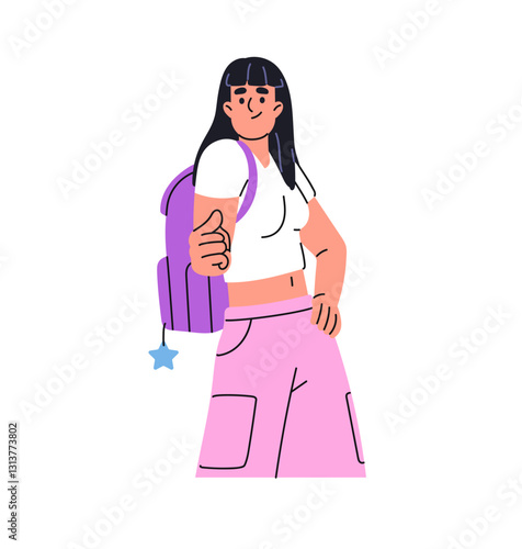 Happy teen girl with school backpack points at you with index finger. Joyful teenager shows forward with hand gesture. Young woman indicates on choice. Flat isolated vector illustrations on white