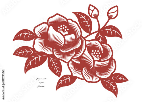 切り絵風の椿のイラスト素材 ベクター 花 白背景
