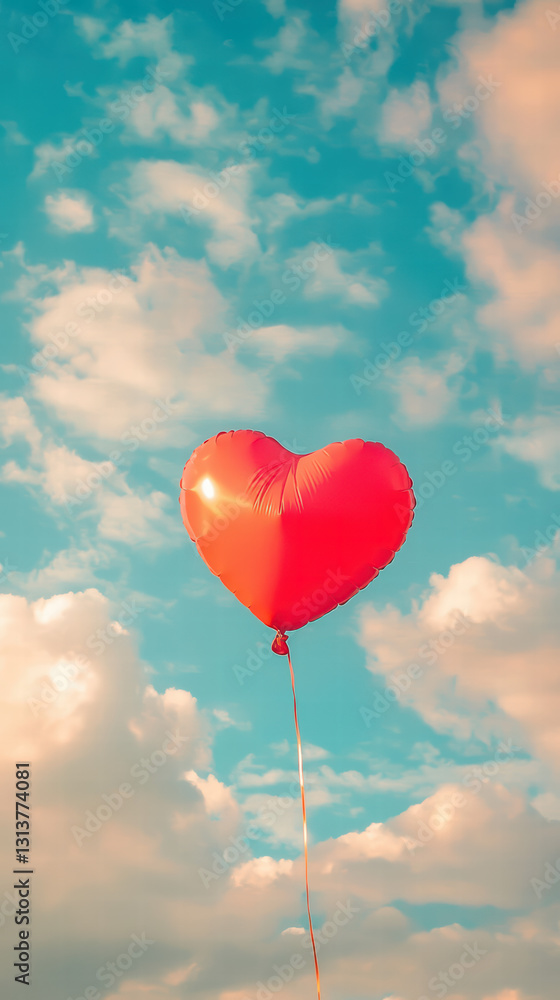 Love in the Sky: A heart-shaped red balloon floats gracefully in a bright, beautiful sky filled with puffy clouds, symbolizing love, freedom, and celebration. Love in the Sky: A heart-shaped red balloon floats gracefully in a bright, beautiful sky filled with puffy clouds, symbolizing love, freedom, and celebration.