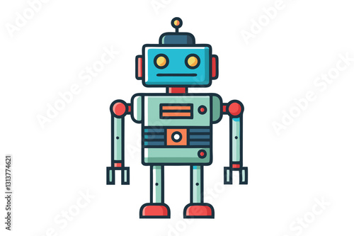 Colorful vector illustration of a vintage robot character with a friendly expression and mechanical features standing on a plain background