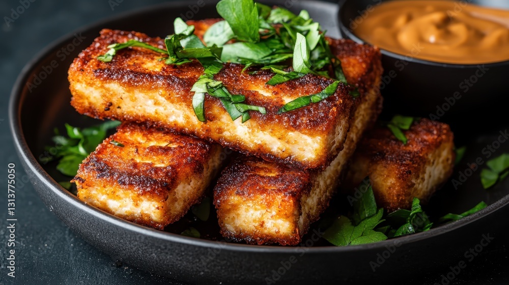 The image showcases perfectly crisped tofu stacks garnished with fresh herbs, served with a side of rich and creamy dipping sauce, ideal for culinary presentations. The image showcases perfectly crisped tofu stacks garnished with fresh herbs, served with a side of rich and creamy dipping sauce, ideal for culinary presentations.