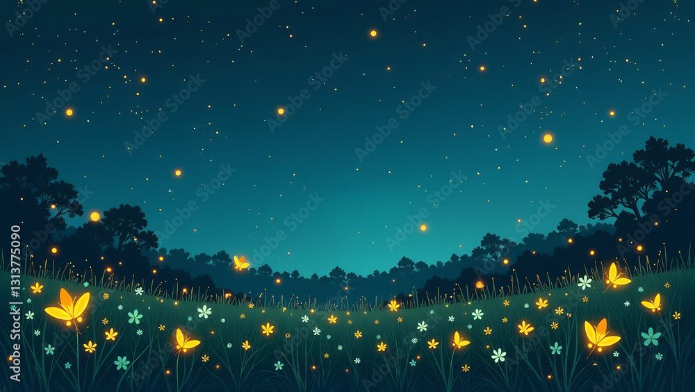 Fototapeta premium Glowing Fireflies in Summer Night - A seamless pattern of fireflies illuminating a warm summer night.