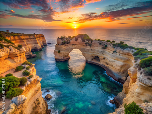 Heart shaped cliffs on the shore of Atlantic ocean in Algarve, Portugal. Beautiful summer landscape in sunset.