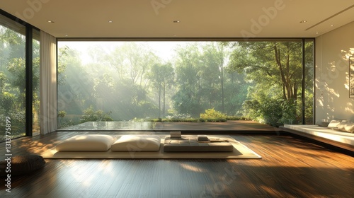 Modern minimalist room  forest view  sunrise  zen  relaxation