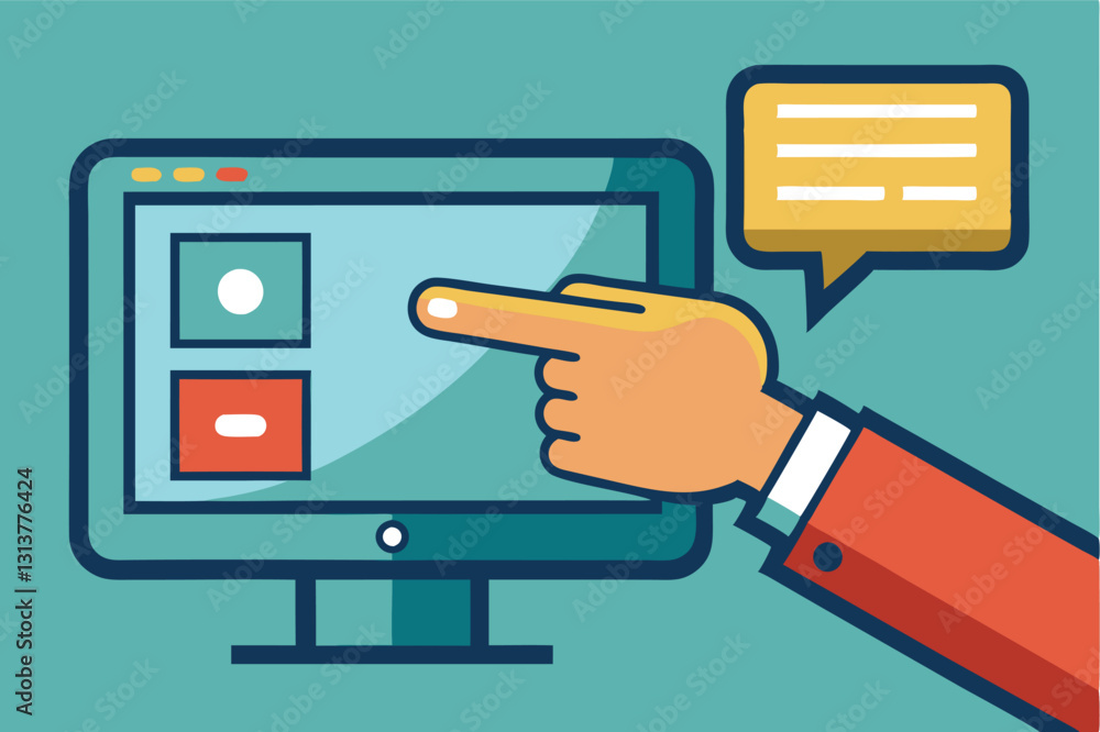 Illustration of a hand interacting with a computer screen displaying task completion and information