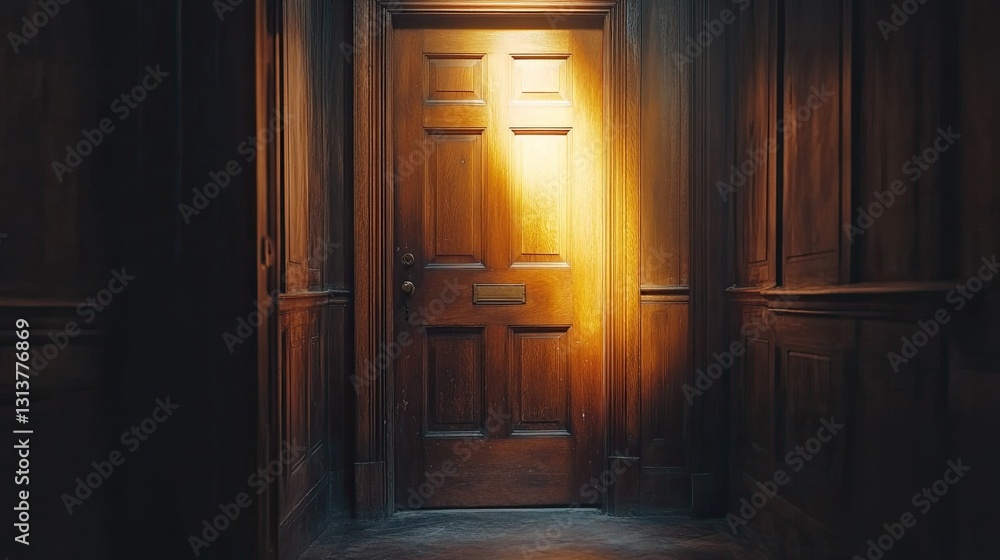 A slightly open door with bright light, allowing space for text. A slightly open door with bright light, allowing space for text.
