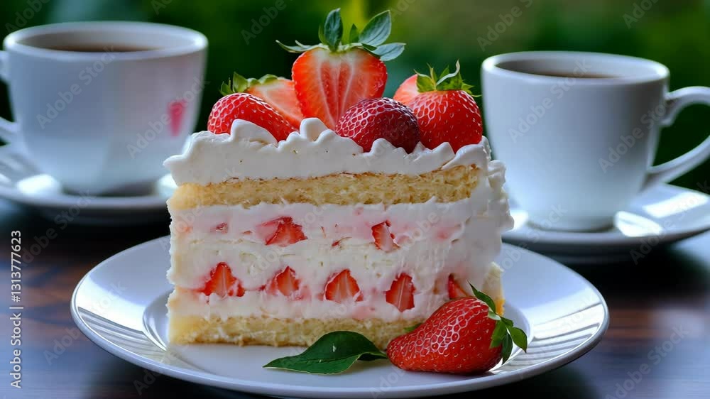 Enjoying a delicious slice of strawberry cake with coffee in a cozy setting