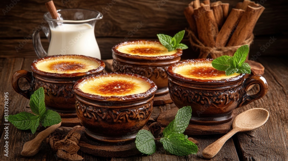 Creamy dessert served in ornate bowls with mint leaves, cinnamon sticks, and milk pitcher on rustic table Creamy dessert served in ornate bowls with mint leaves, cinnamon sticks, and milk pitcher on rustic table