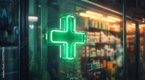Glowing green pharmacy cross outside a well-stocked drugstore at night.