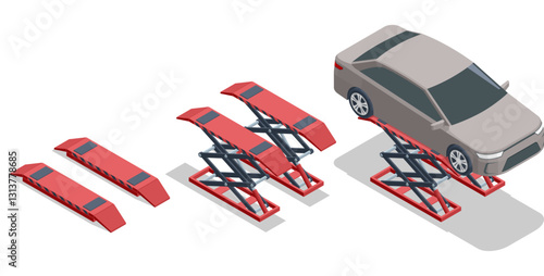 Isometric red scissor lift raising a gray sedan for maintenance. Two additional ramps show hydraulic lifting equipment for car repairs
