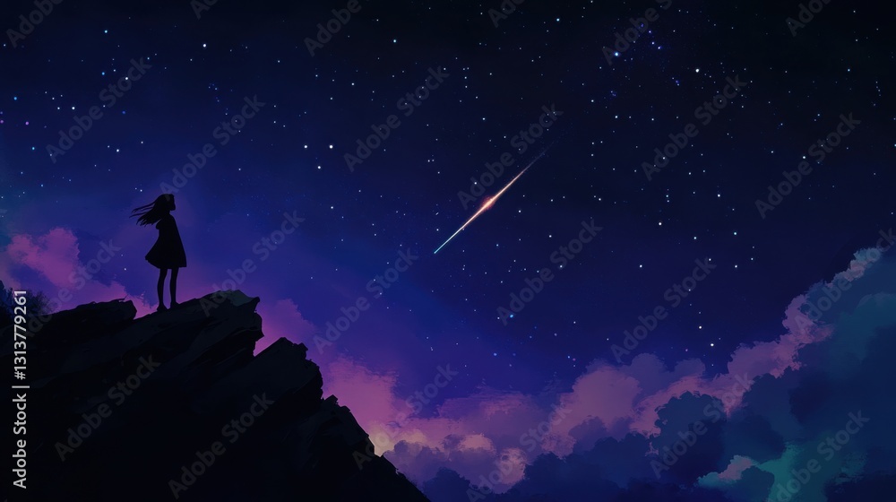 Fototapeta premium girl watching shooting star night sky silhouette