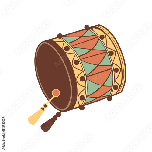 "Hand-Drawn Traditional Drum with Colorful Patterns and Sticks – Vibrant Cultural Art"