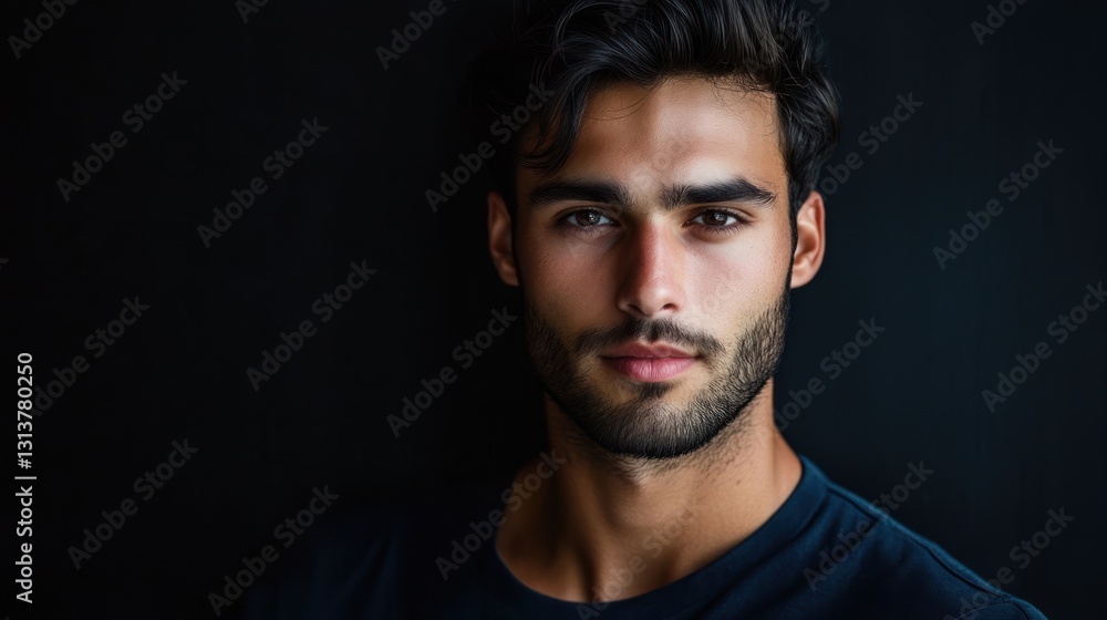 Handsome man portrait, dark background, serious expression, modeling headshot Handsome man portrait, dark background, serious expression, modeling headshot