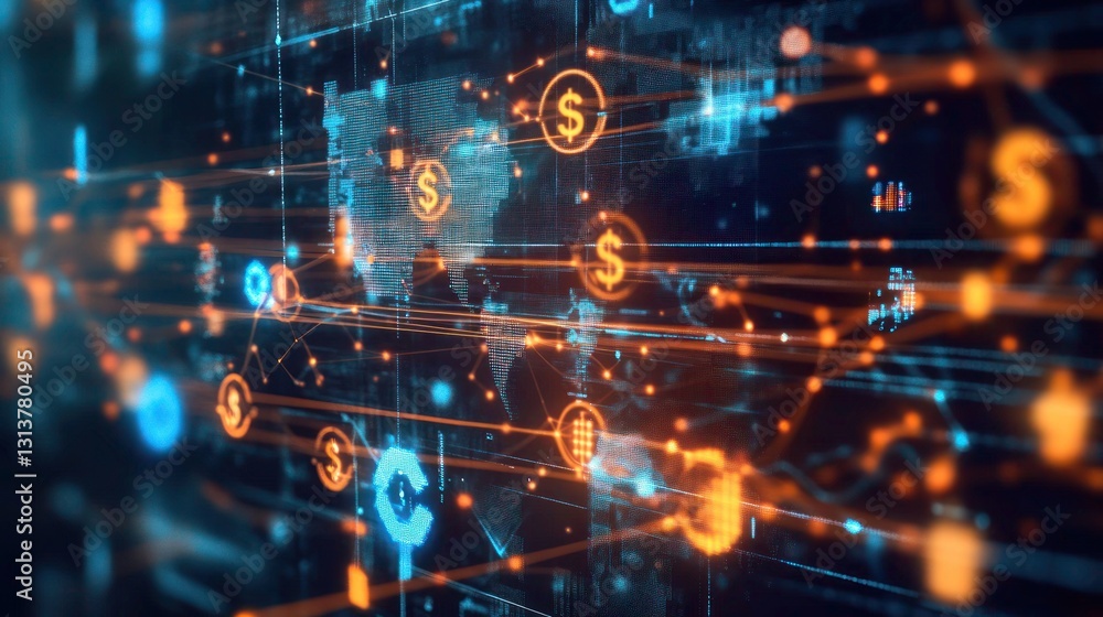 Global Finance Network Visualization with Currency Symbols on World Map Global Finance Network Visualization with Currency Symbols on World Map