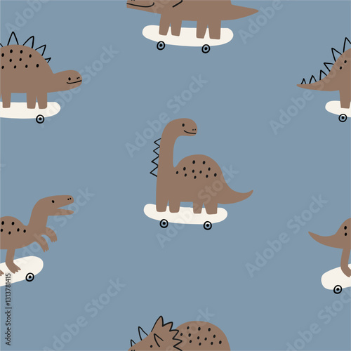 Cute print  with dinos and skateboard. Kids design with cartoon dinosaurs in doodle style. Vector seamless pattern for kids
