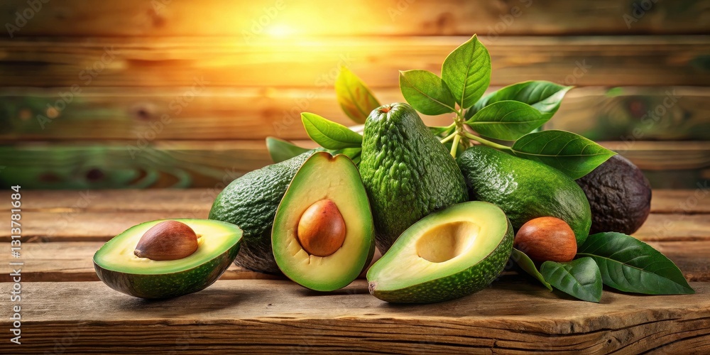 Φωτογραφία A vibrant display of ripe avocados, halved and whole, nestled amongst lush green leaves on a rustic wooden surface, bathed in warm sunlight