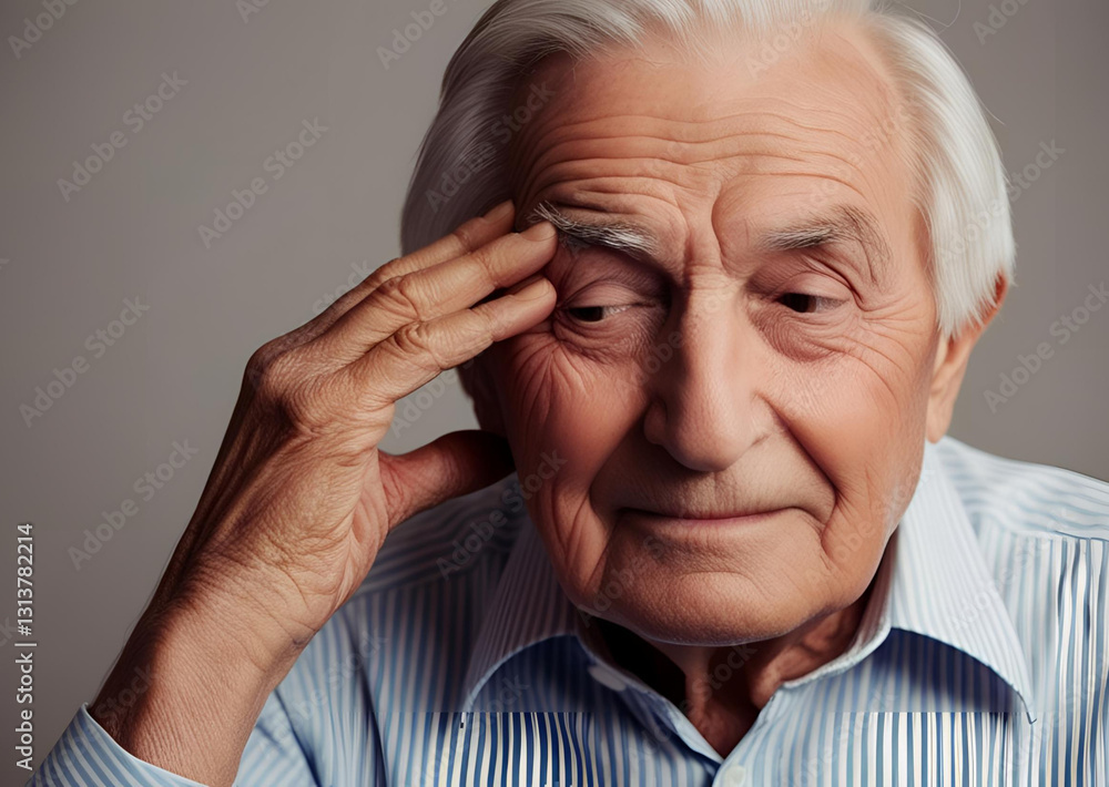 Pensive Senior Man with Wrinkled Face Touching Forehead Thoughtful Expression Pensive Senior Man with Wrinkled Face Touching Forehead Thoughtful Expression