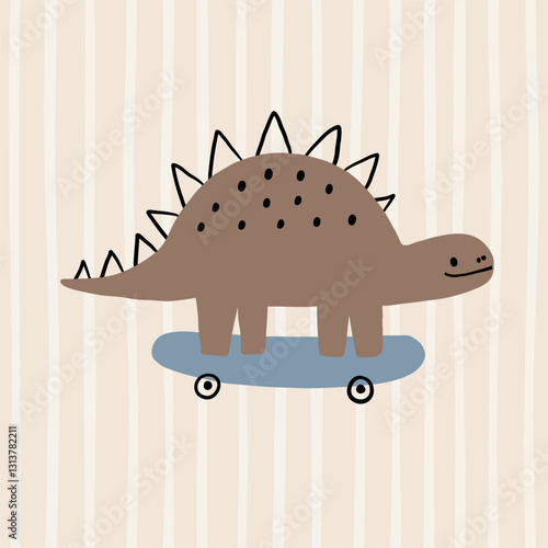 Cute print  with dinos and skateboard. Kids design with cartoon dinosaurs in doodle style. Vector illustration for printing