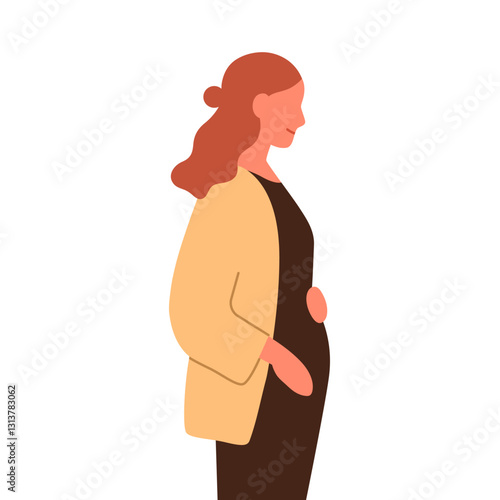 Pregnant woman profile. Mother expecting baby, touching belly. Future mom. Pregnancy, prenatal care, childbearing and motherhood concept. Flat vector illustration isolated on white background
