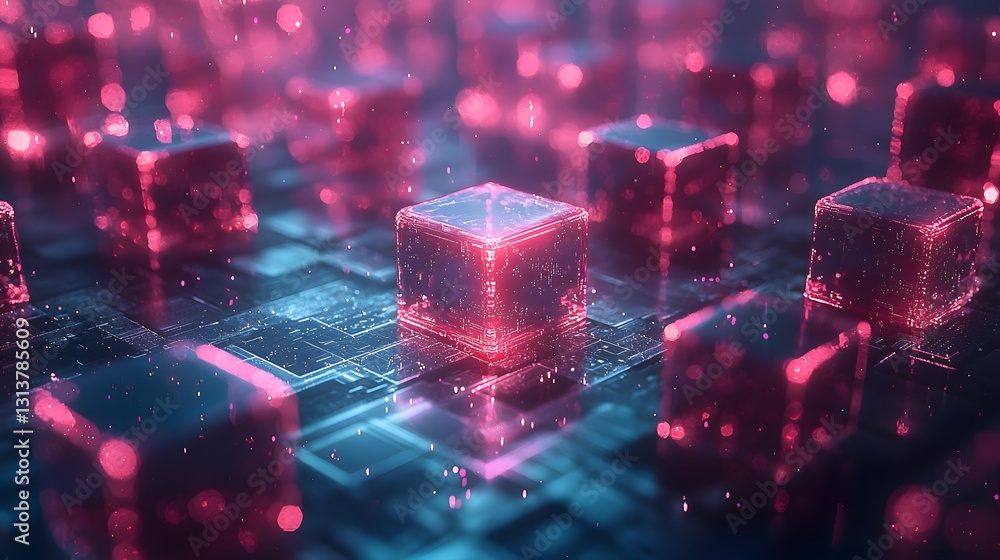 Illuminated digital cubes are arranged on a circuit board grid Illuminated digital cubes are arranged on a circuit board grid