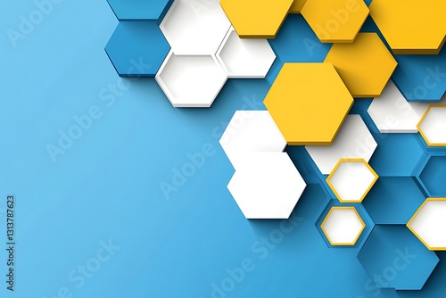 Geometric mosaic of 3D hexagons on light blue background, for design & tech concepts