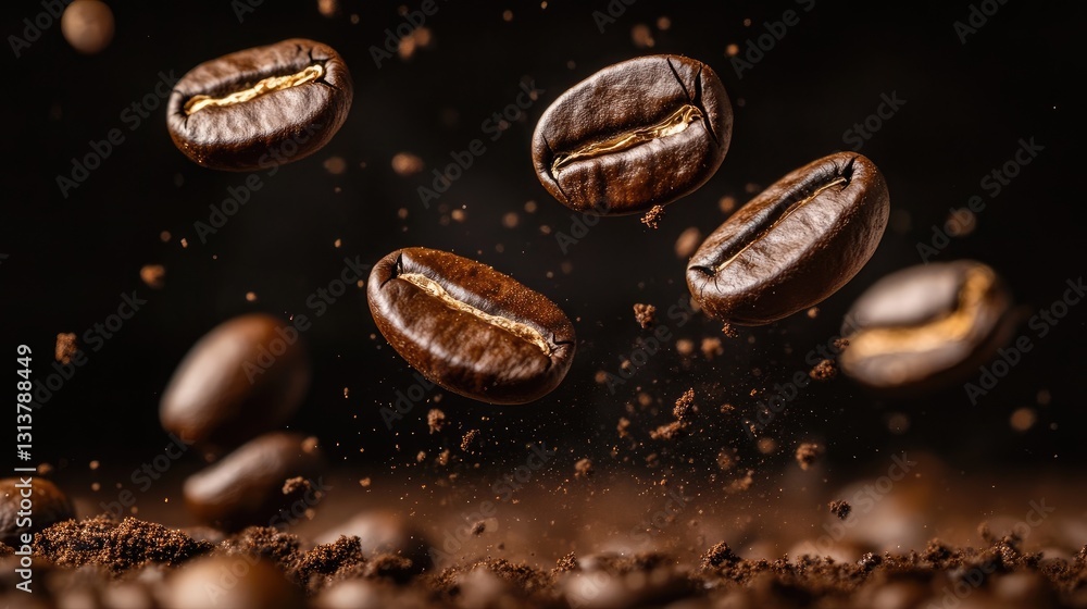 Caffeinated Dance: A dynamic display of coffee beans suspended in mid-air, alongside freshly ground coffee, creating a captivating visual of the rich brown hues and inviting aroma. Caffeinated Dance: A dynamic display of coffee beans suspended in mid-air, alongside freshly ground coffee, creating a captivating visual of the rich brown hues and inviting aroma.