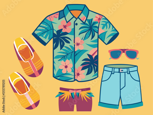 summer beachwear set with a short-sleeved floral shirt, shorts, and sandals