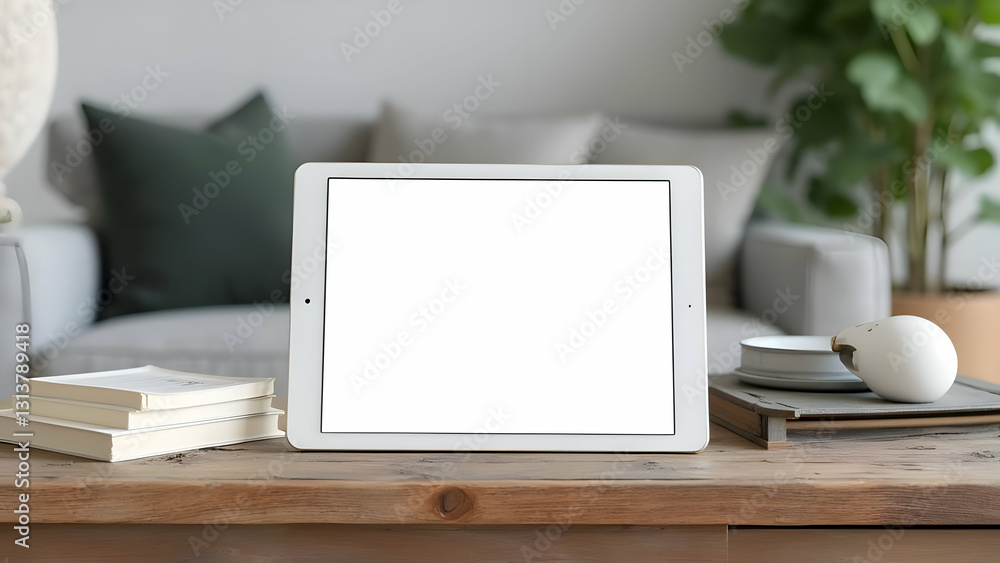 Tablet on wooden table with minimalist decoration Tablet on wooden table with minimalist decoration