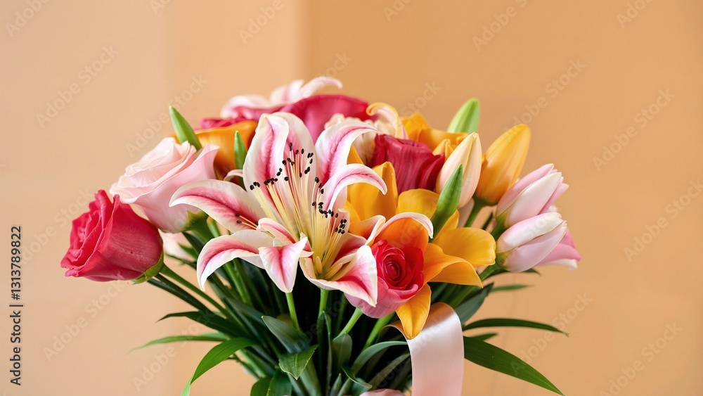 A stunning bouquet of colorful roses, lilies, and tulips tied with a silk ribbon. Vibrant, fresh, and elegant floral arrangement on a softly blurred background, celebrating beauty and joy