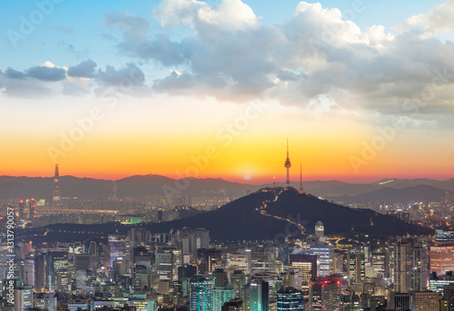 view of Seoul City at sunrise South Korea.