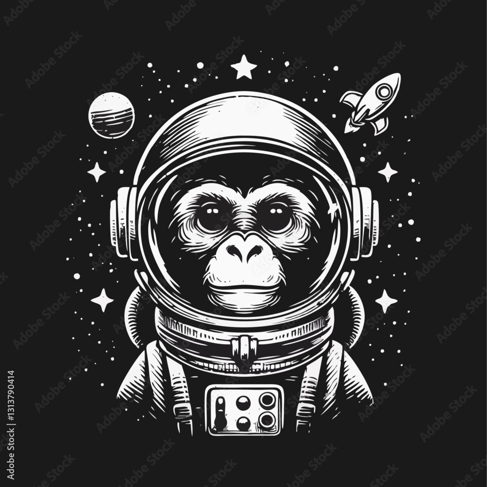 Fototapeta premium astronaut, chimpanzee, animal, illustration, monkey, isolated, primate, retro, vintage, design, alien, graphic, print, drawn, art, cartoon, hand, comic, cosmos, ape, drawing, engraving, space, engrave