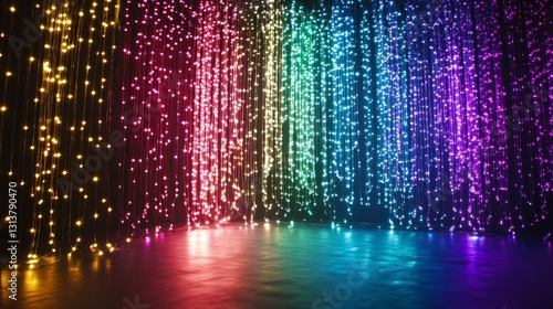 Cascading light curtain made of tiny colorful bulbs, draped over a concert stage