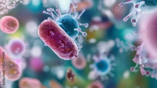 A bunch of glowing bacteria are floating in the air. smooth repeating motion for background video animation
