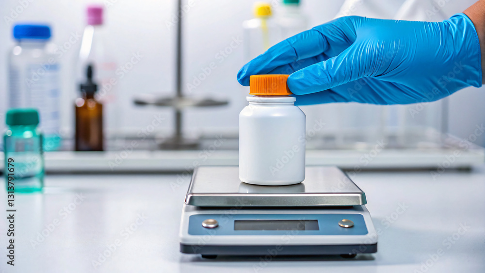Hand in Blue Glove Placing White Container on Digital Scale in Laboratory Setting Hand in Blue Glove Placing White Container on Digital Scale in Laboratory Setting