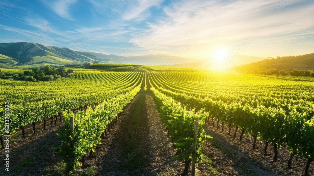 A sprawling vineyard with rows of grapevines under the summer sun A sprawling vineyard with rows of grapevines under the summer sun