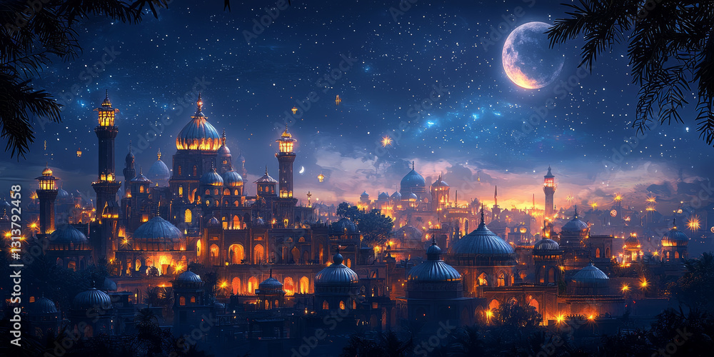 Mystical night of an old Eastern city with moonlit rooftops and glowing lanterns Mystical night of an old Eastern city with moonlit rooftops and glowing lanterns