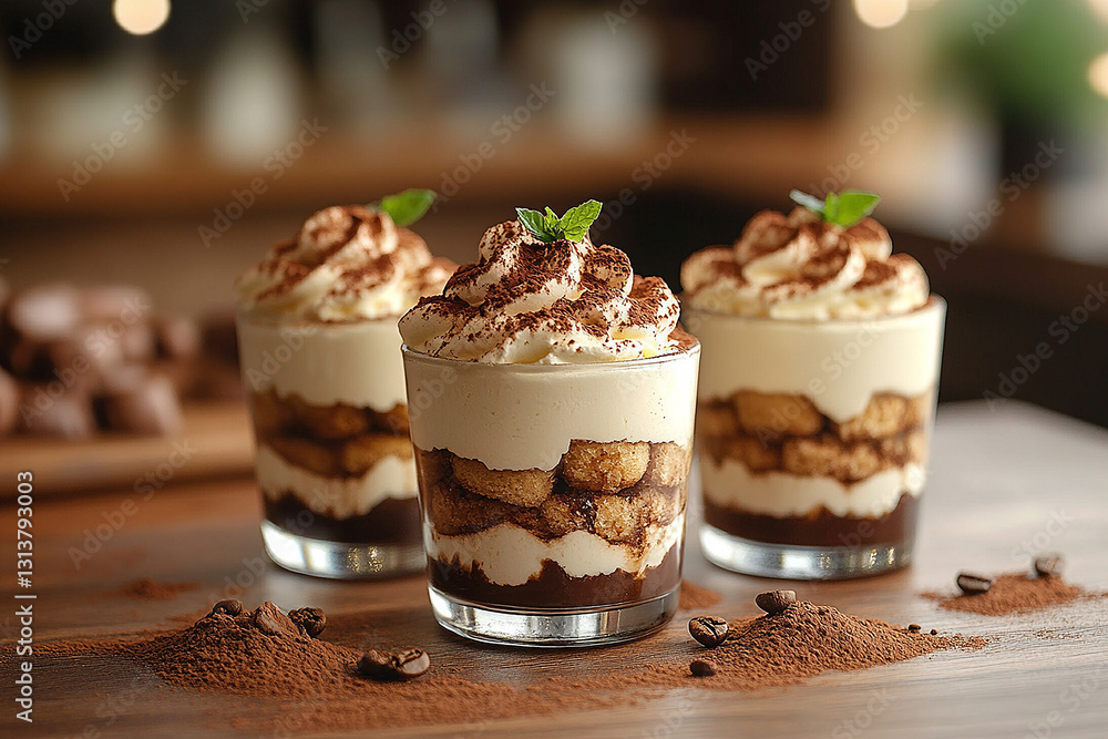 Elegant Tiramisu Dessert in Glass Cups on a Wooden Table Elegant Tiramisu Dessert in Glass Cups on a Wooden Table