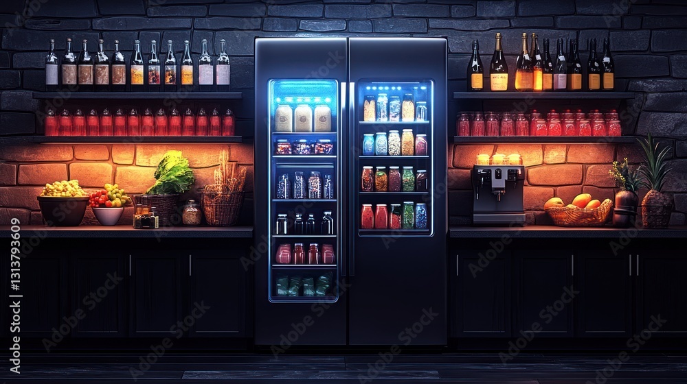 Modern dark kitchen food service display with smart refrigerators and ambient lighting Modern dark kitchen food service display with smart refrigerators and ambient lighting