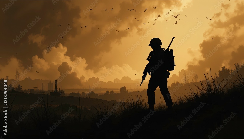 silhouette of a lone soldier standing against a post-apocalyptic sunset. dramatic landscape of industrial ruin and a somber sky. perfect for war, dystopian, and survival themes. silhouette of a lone soldier standing against a post-apocalyptic sunset. dramatic landscape of industrial ruin and a somber sky. perfect for war, dystopian, and survival themes.
