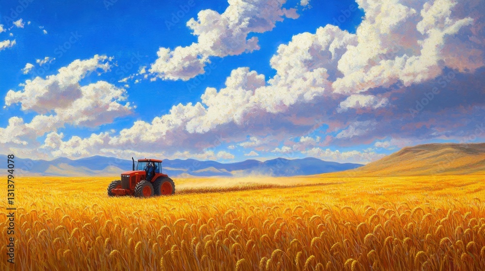 A tractor working in a large golden wheat field under a blue sky A tractor working in a large golden wheat field under a blue sky