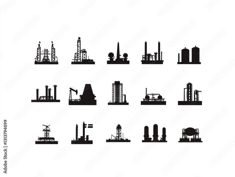 Obraz premium Industrial facility icons; energy production; silhouettes; white background; infographic design