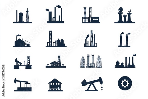 Industrial icons refinery, factory, energy, pollution, production, illustration, design, website, app