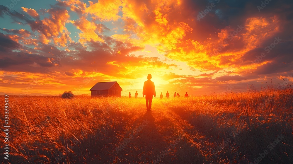 Fototapeta premium Glowing Rural School Scene with Promising Sky and Students Walking Toward Opportunity