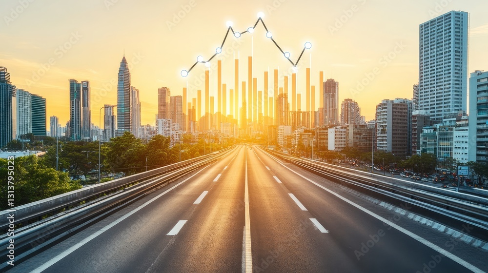 Obraz premium Urban expansion future prospects with golden light reflecting on the skyline showcasing growth investment in city infrastructure and architecture