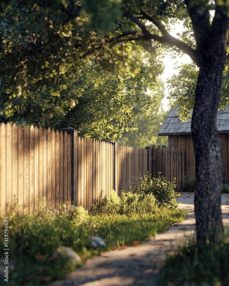 Fototapeta premium A wooden fence with a tree standing tall in front, great for outdoor or nature-inspired designs