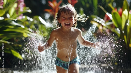 Child running through a water sprinkler on a hot summer day, laughing loudly