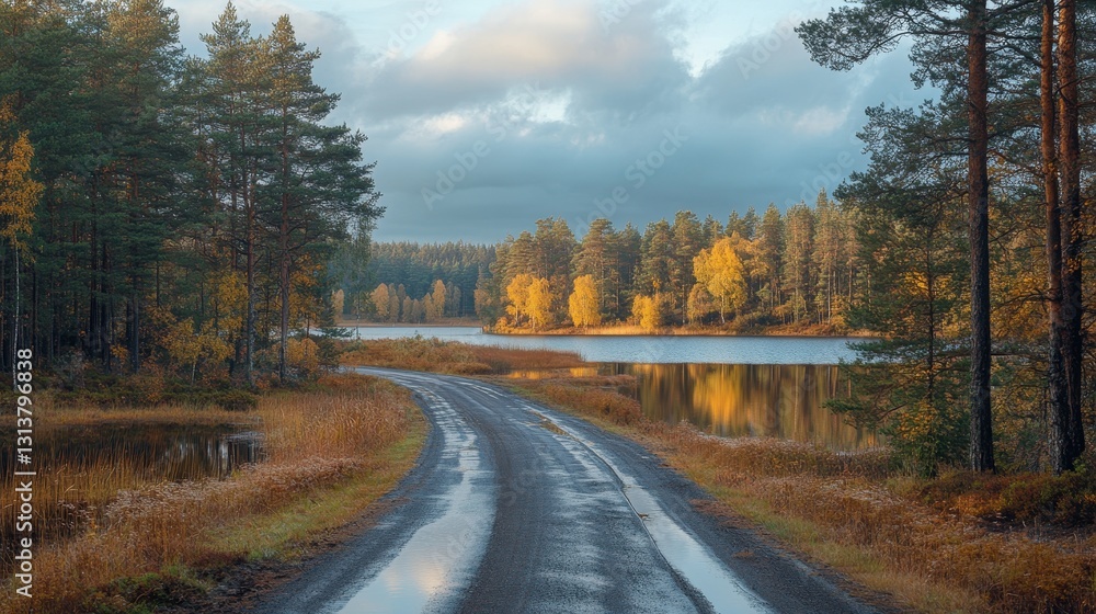 Fototapeta premium Serene autumn landscape with winding road and vibrant trees by lake